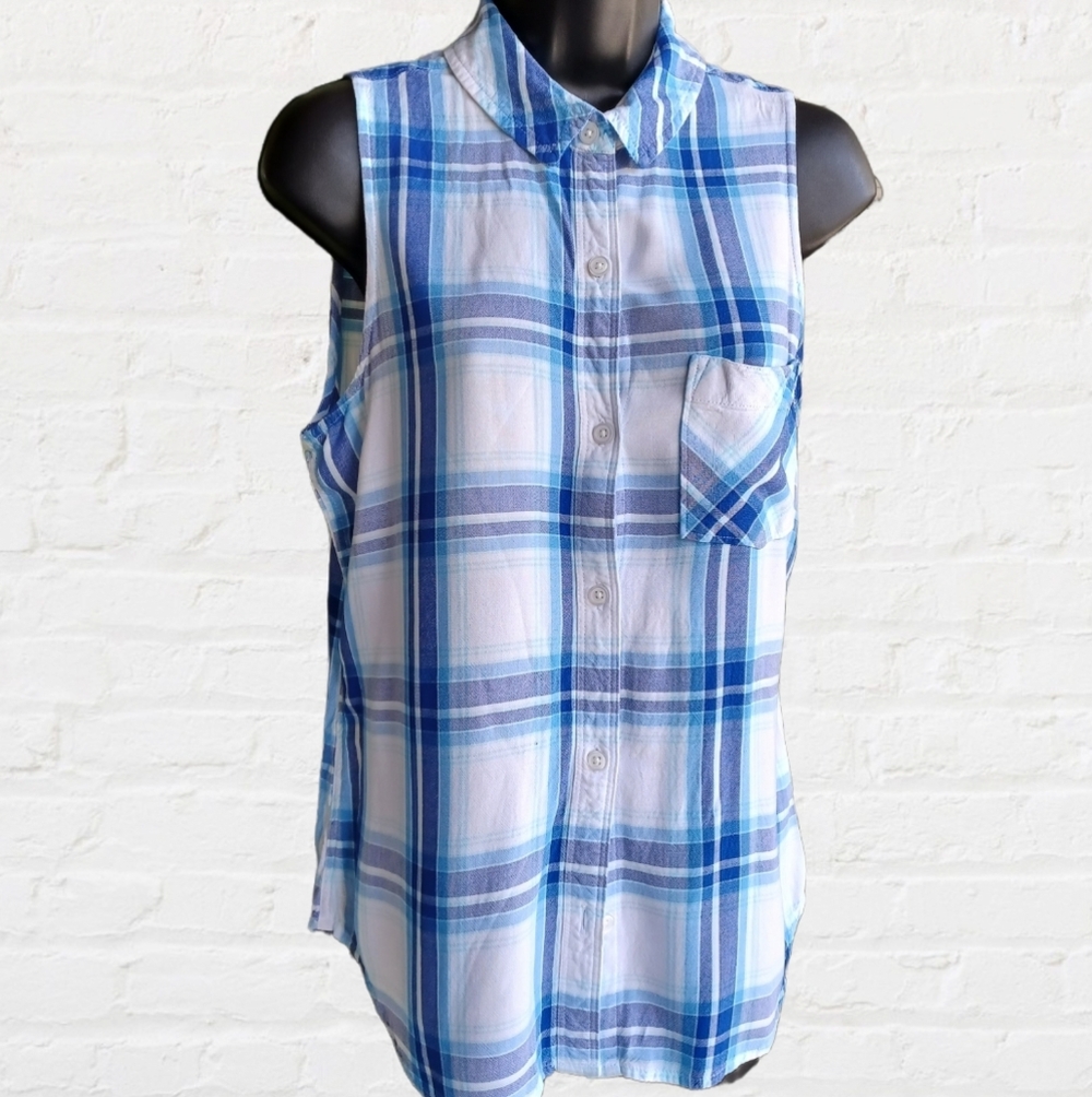 Sleeveless Blue Plaid Button Down Shirt by SO size Medium